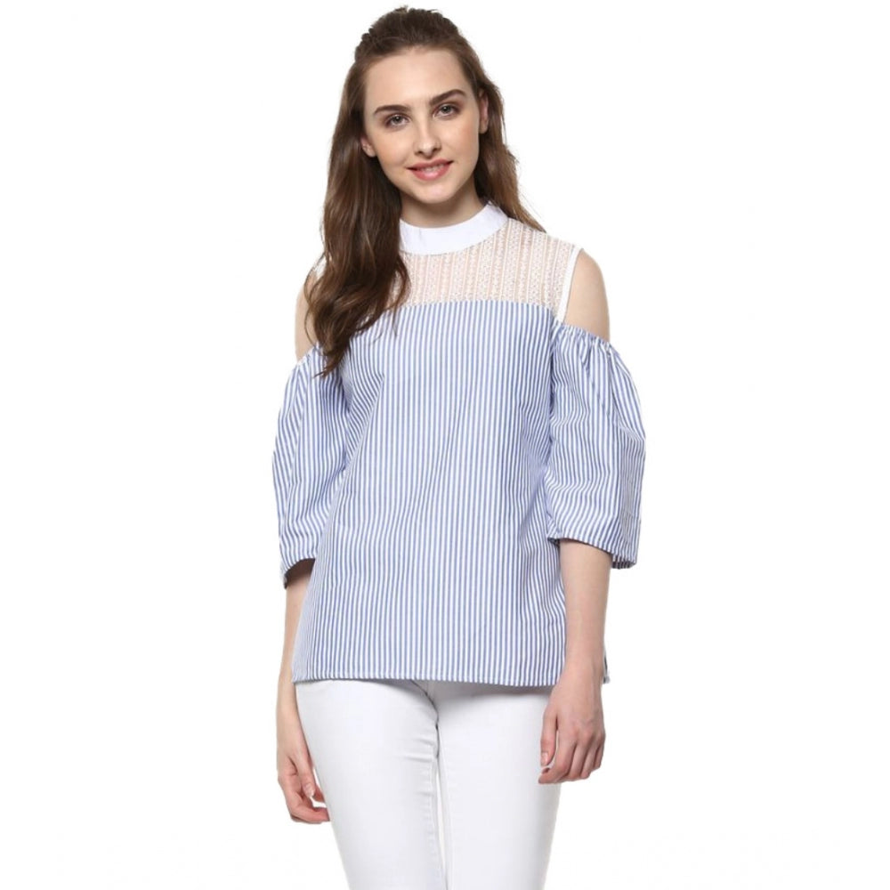 Snuggle Spot Women's Cotton Striped Cold Shoulder Top (Blue)