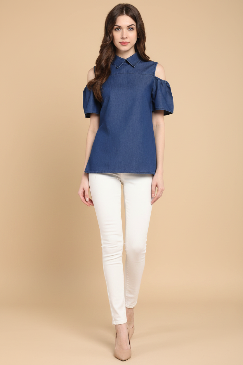 Snuggle Spot Women's Denim Solid Cold Shoulder Regular Top (Blue)
