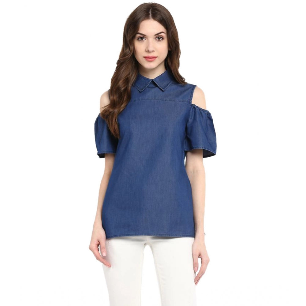 Snuggle Spot Women's Denim Solid Cold Shoulder Regular Top (Blue)