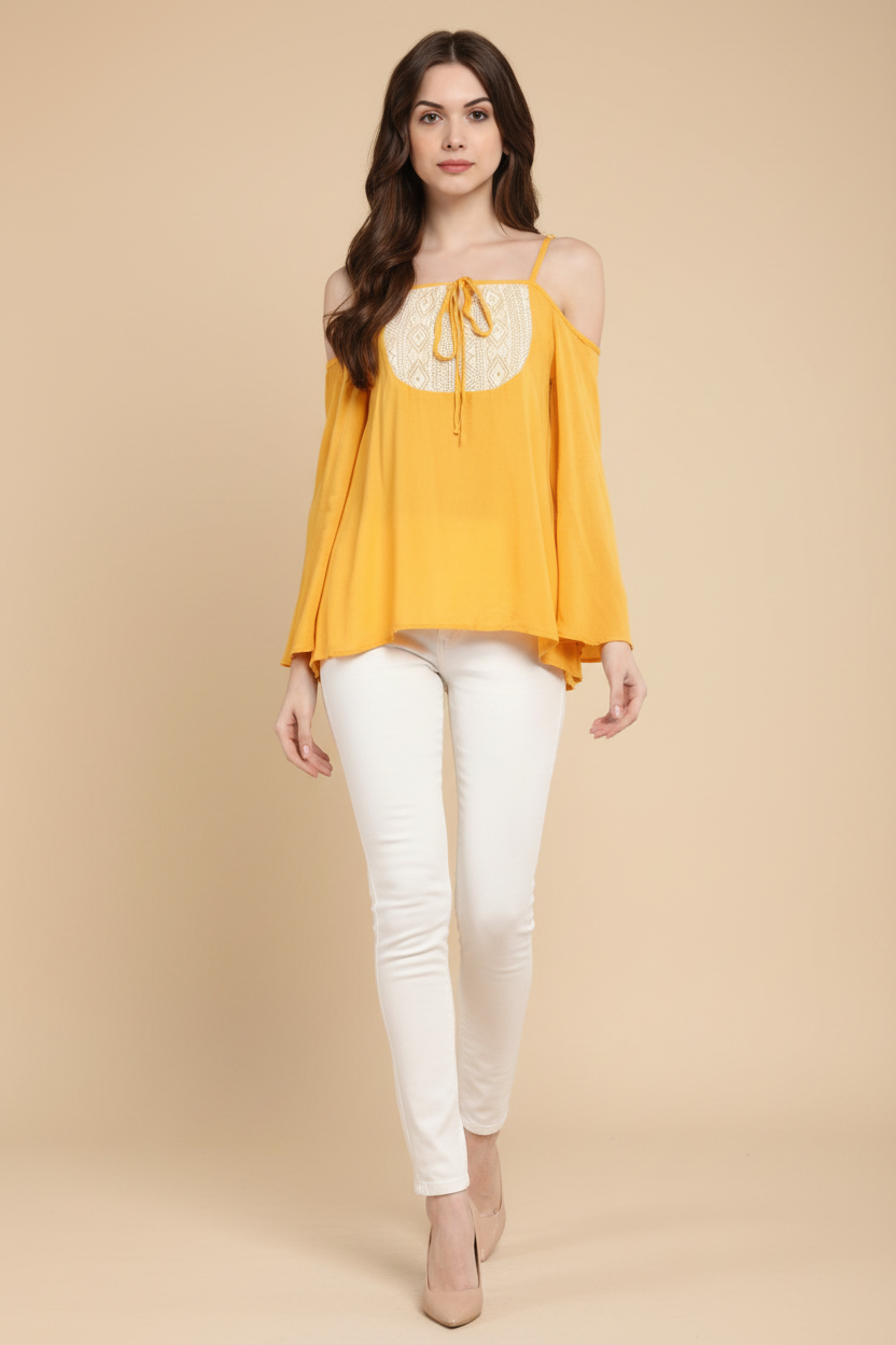 Snuggle Spot Women's Rayon Embellished Cold Shoulder Regular Top (Mustard Yellow)