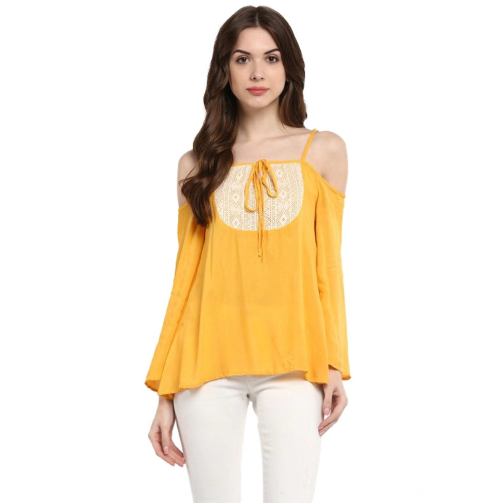 Snuggle Spot Women's Rayon Embellished Cold Shoulder Regular Top (Mustard Yellow)