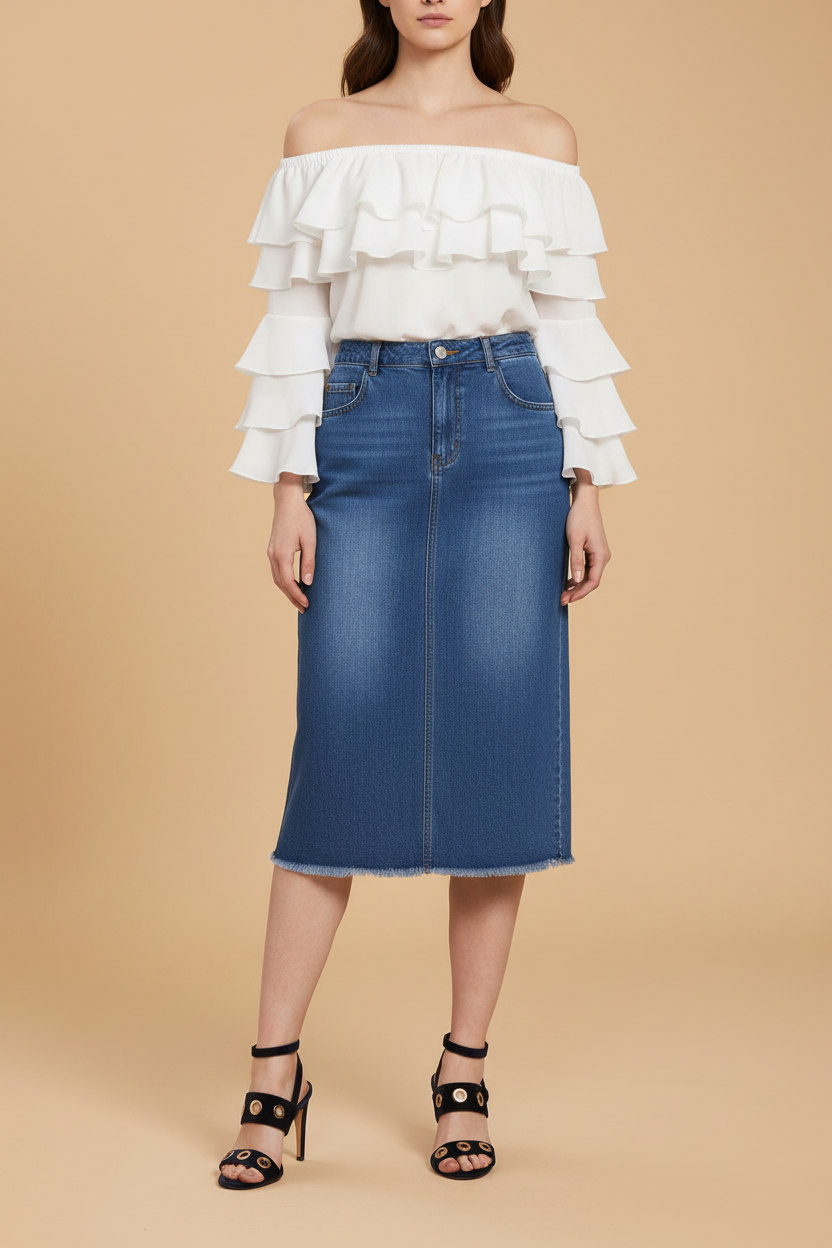 Snuggle Spot Women's Denim Washed Buttoned Skirt (Blue)