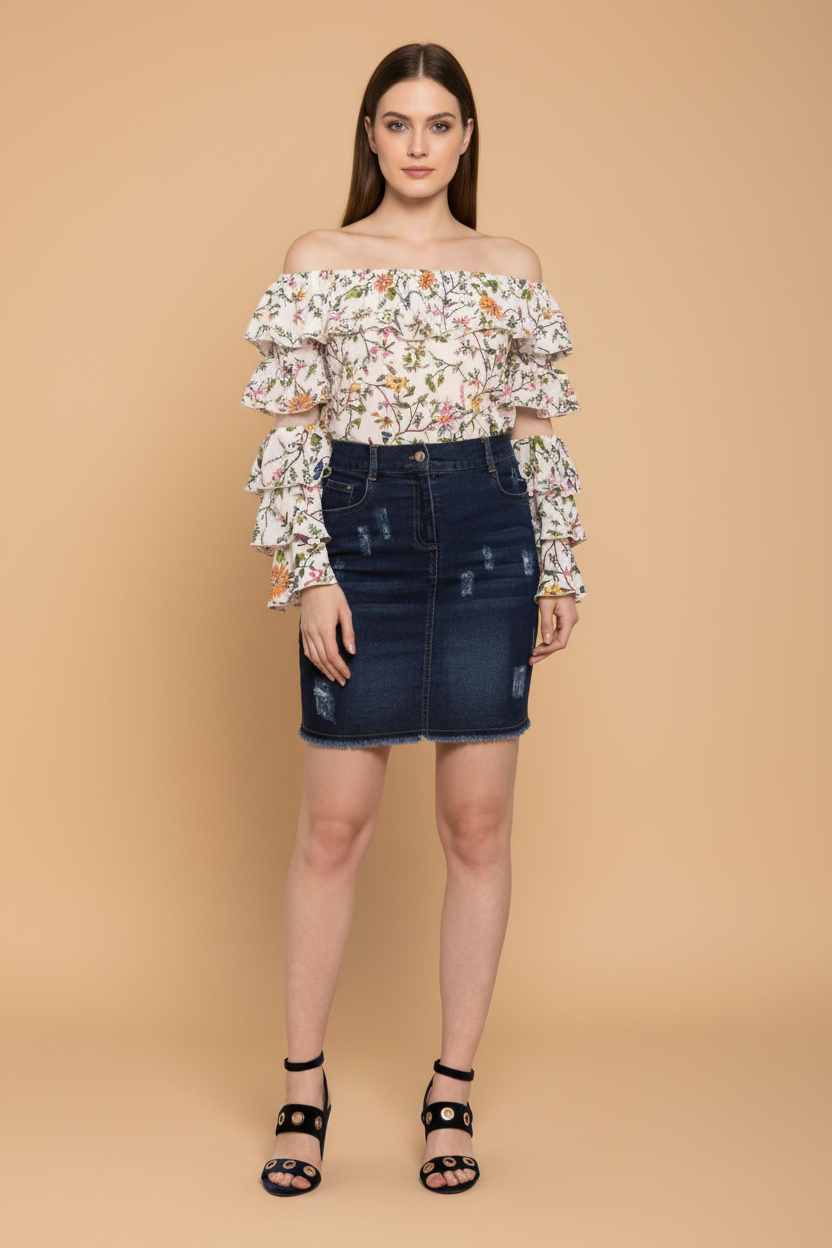Snuggle Spot Women's Denim Distressed Buttoned Skirt (Blue)