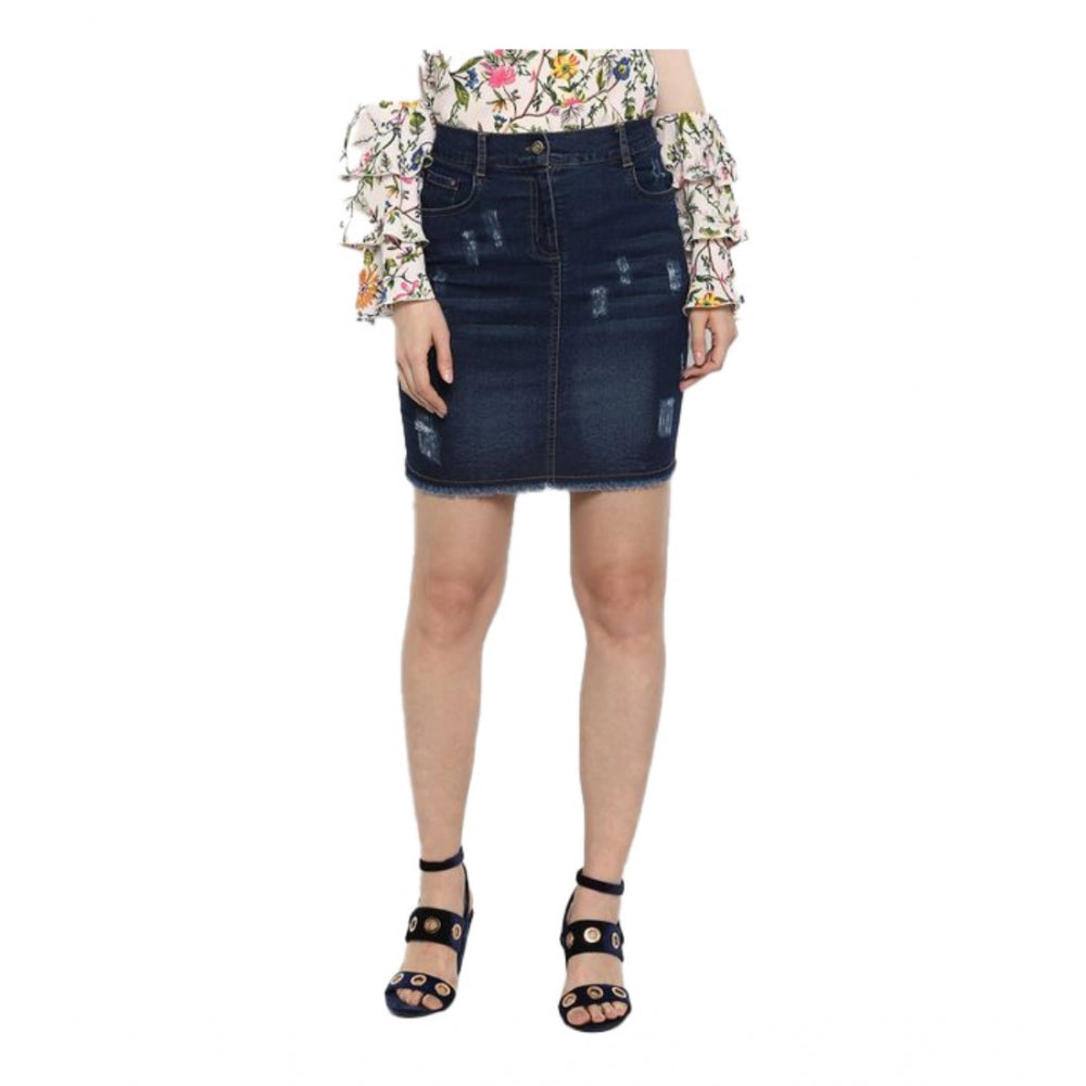 Snuggle Spot Women's Denim Distressed Buttoned Skirt (Blue)
