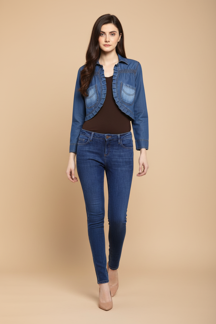 Snuggle Spot Women's Denim Pleated 3-4th Sleeves Shrug (Blue)