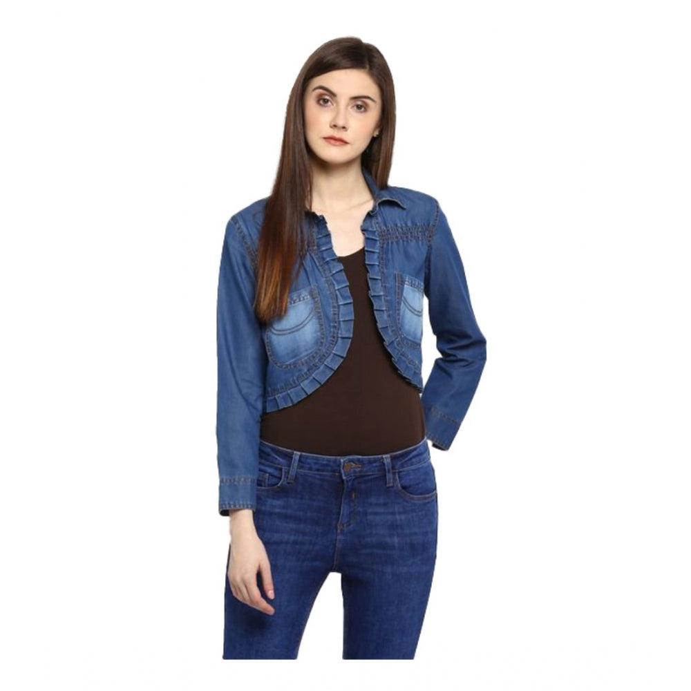 Snuggle Spot Women's Denim Pleated 3-4th Sleeves Shrug (Blue)