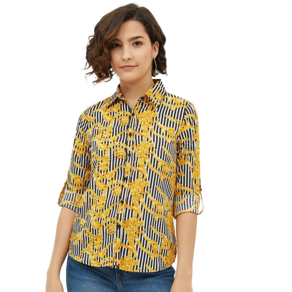 Snuggle Spot Women's Polyester Printed Roll Up Sleeve Standard Length Shirt (Mustared)