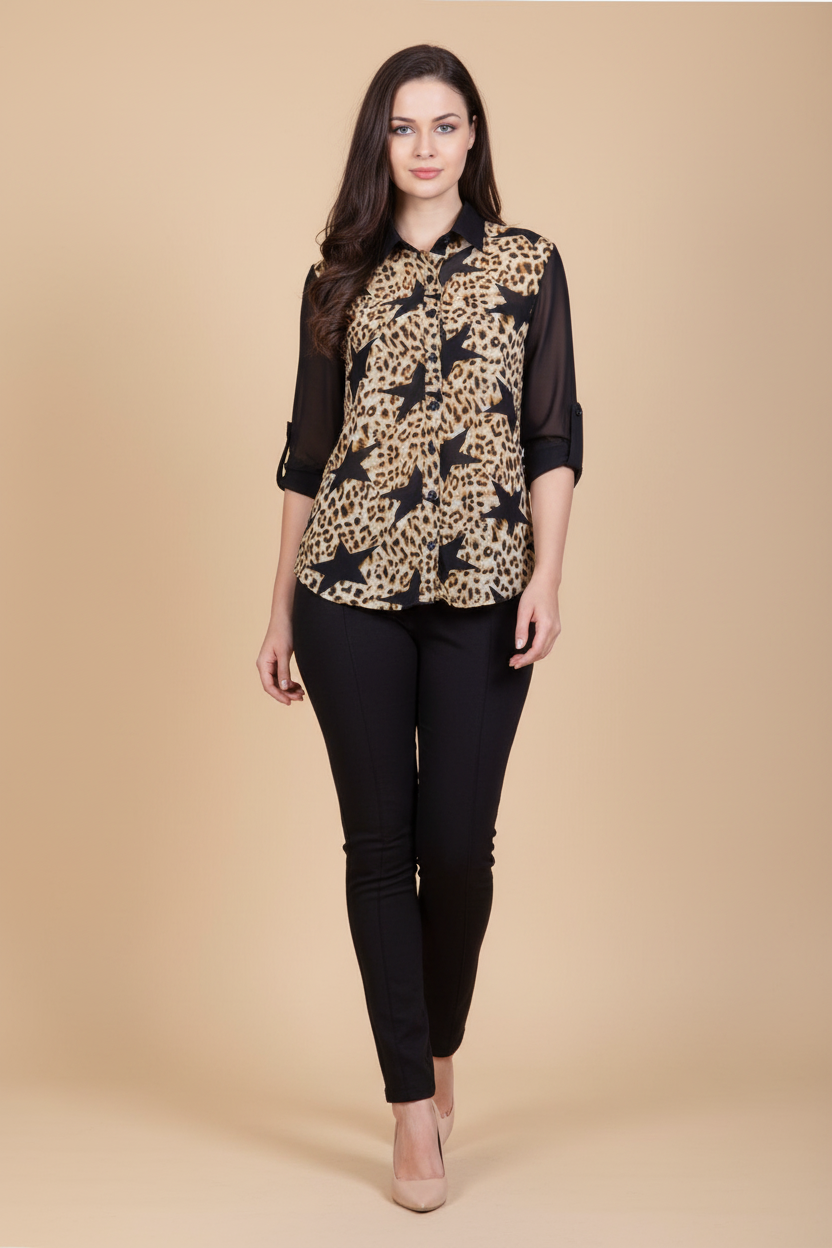 Snuggle Spot Women's Polyester Printed Roll Up Sleeve Standard Length Shirt (Black)