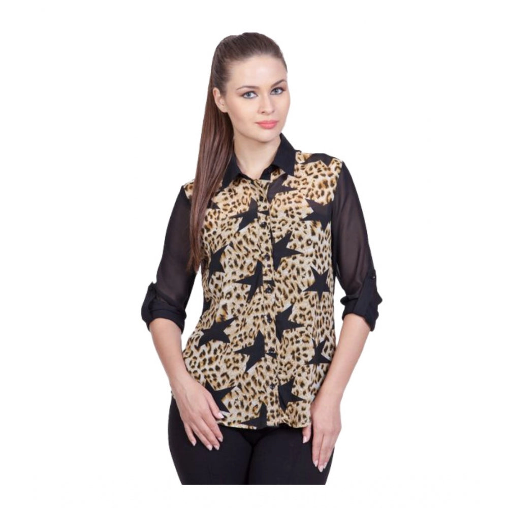 Snuggle Spot Women's Polyester Printed Roll Up Sleeve Standard Length Shirt (Black)