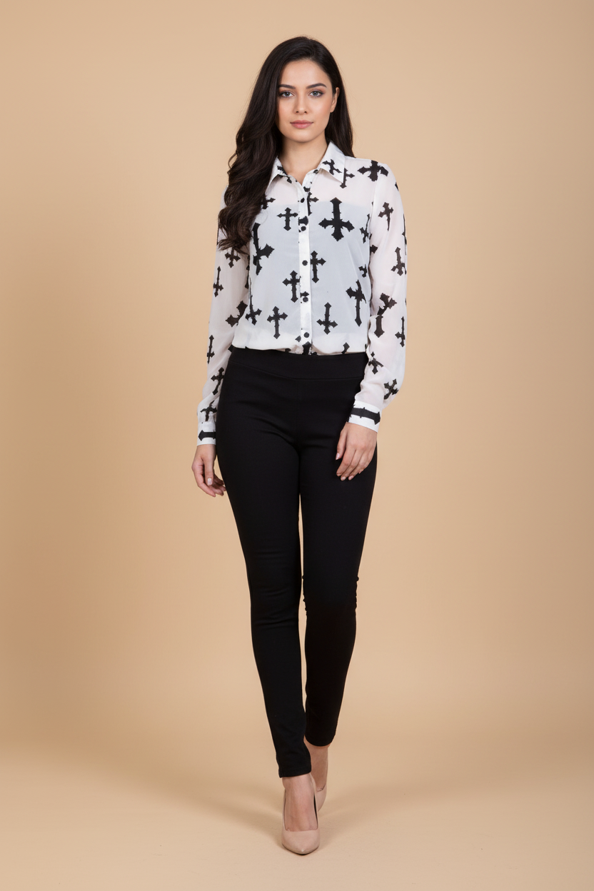 Snuggle Spot Women's Polyester Printed Long Sleeves Standard Length Shirt (White)