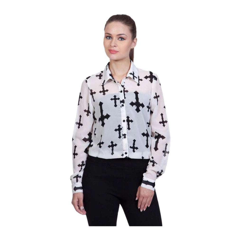 Snuggle Spot Women's Polyester Printed Long Sleeves Standard Length Shirt (White)