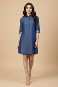 Snuggle Spot Women's Denim Solid Long Sleeves Above Knee Dress (Navy Blue)