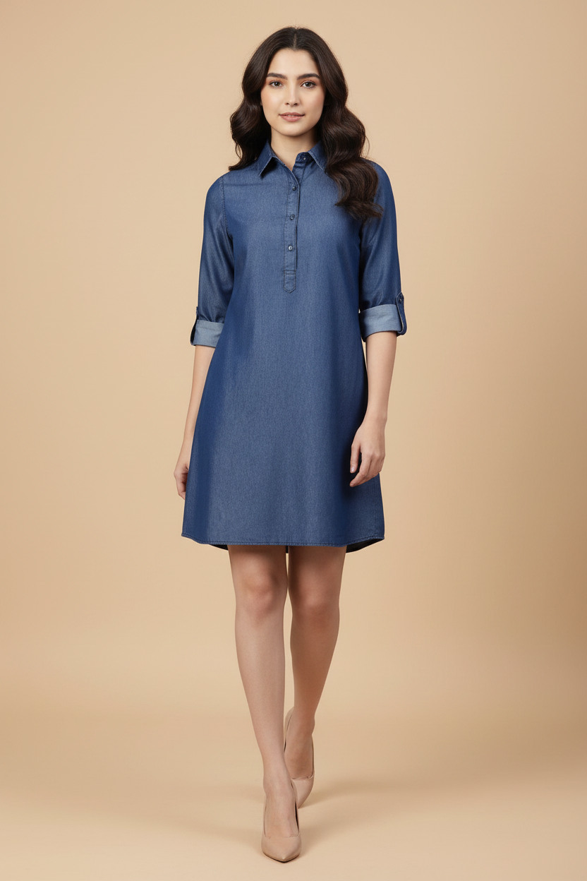 Snuggle Spot Women's Denim Solid Long Sleeves Above Knee Dress (Navy Blue)