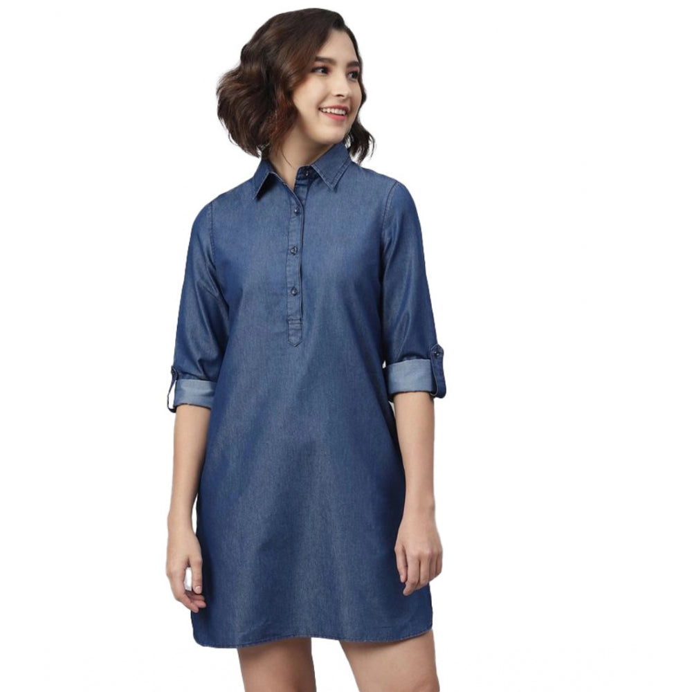 Snuggle Spot Women's Denim Solid Long Sleeves Above Knee Dress (Navy Blue)