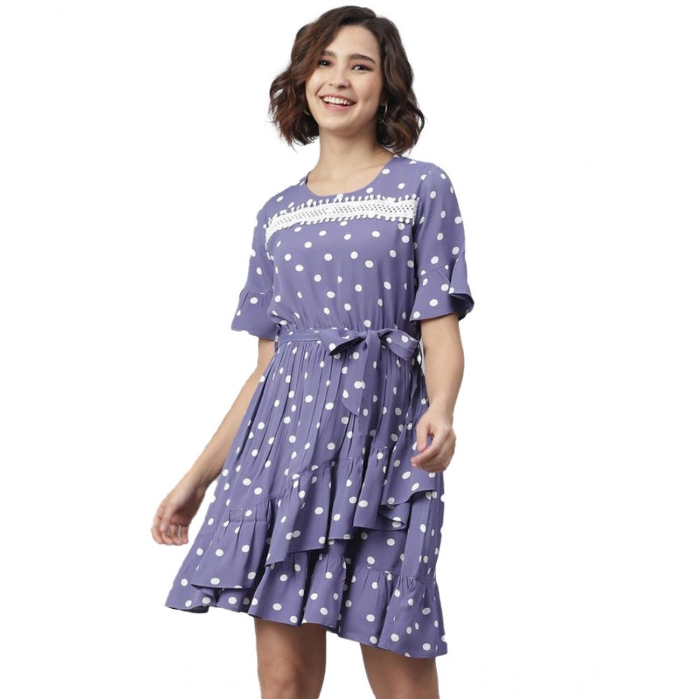 Snuggle Spot Women's Polyester Polka Bell Sleeve Above Knee Dress (Lavender)