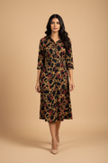 Snuggle Spot Women's Polyester Chain Print Roll Up Sleeve Below Knee Dress (Black - Yellow)