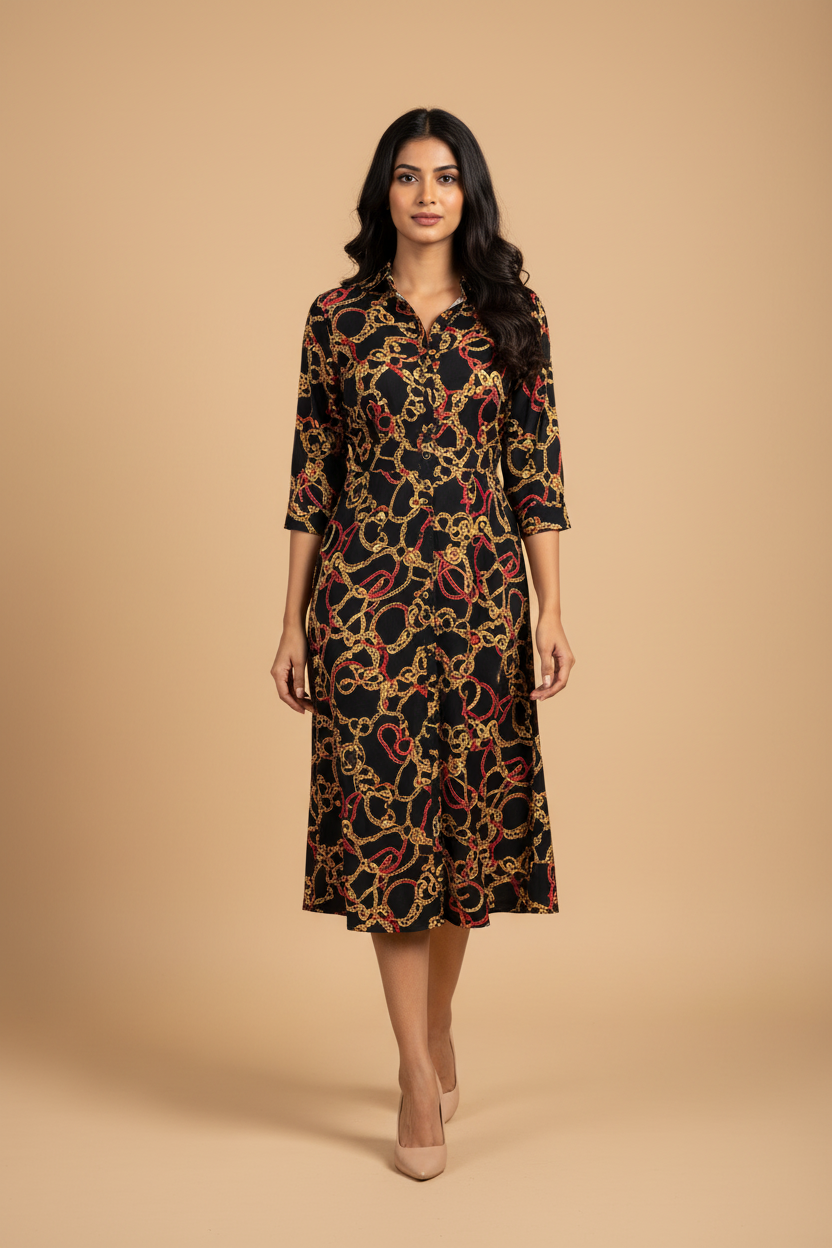 Snuggle Spot Women's Polyester Chain Print Roll Up Sleeve Below Knee Dress (Black - Yellow)