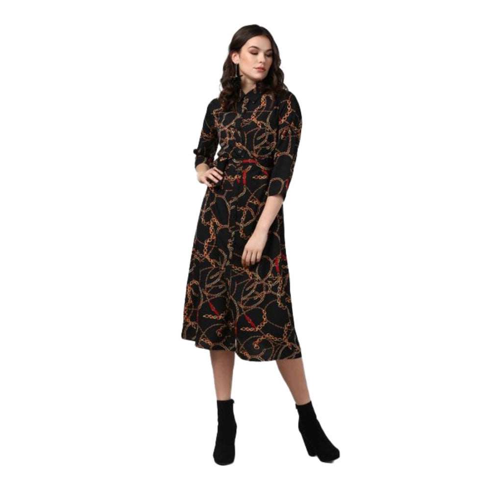 Snuggle Spot Women's Polyester Chain Print Roll Up Sleeve Below Knee Dress (Black - Yellow)