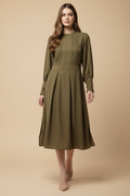 Snuggle Spot Women's Polyester Pintuck Long Sleeves Below Knee Dress (Olive)
