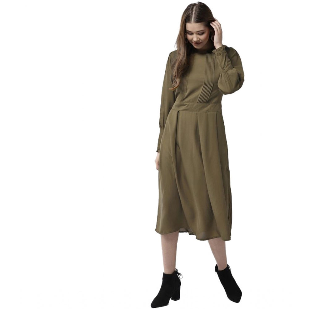 Snuggle Spot Women's Polyester Pintuck Long Sleeves Below Knee Dress (Olive)