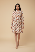 Snuggle Spot Women's Polyester Checkered Long Sleeves Above Knee Dress (Off White - Brown)