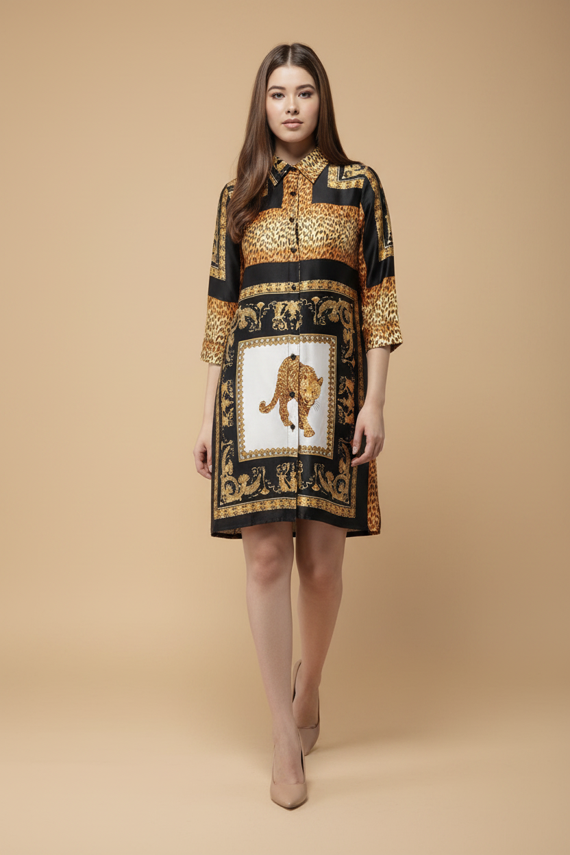 Snuggle Spot Women's Satin Animal Print 3-4th Sleeves Above Knee Dress (White - Orange)
