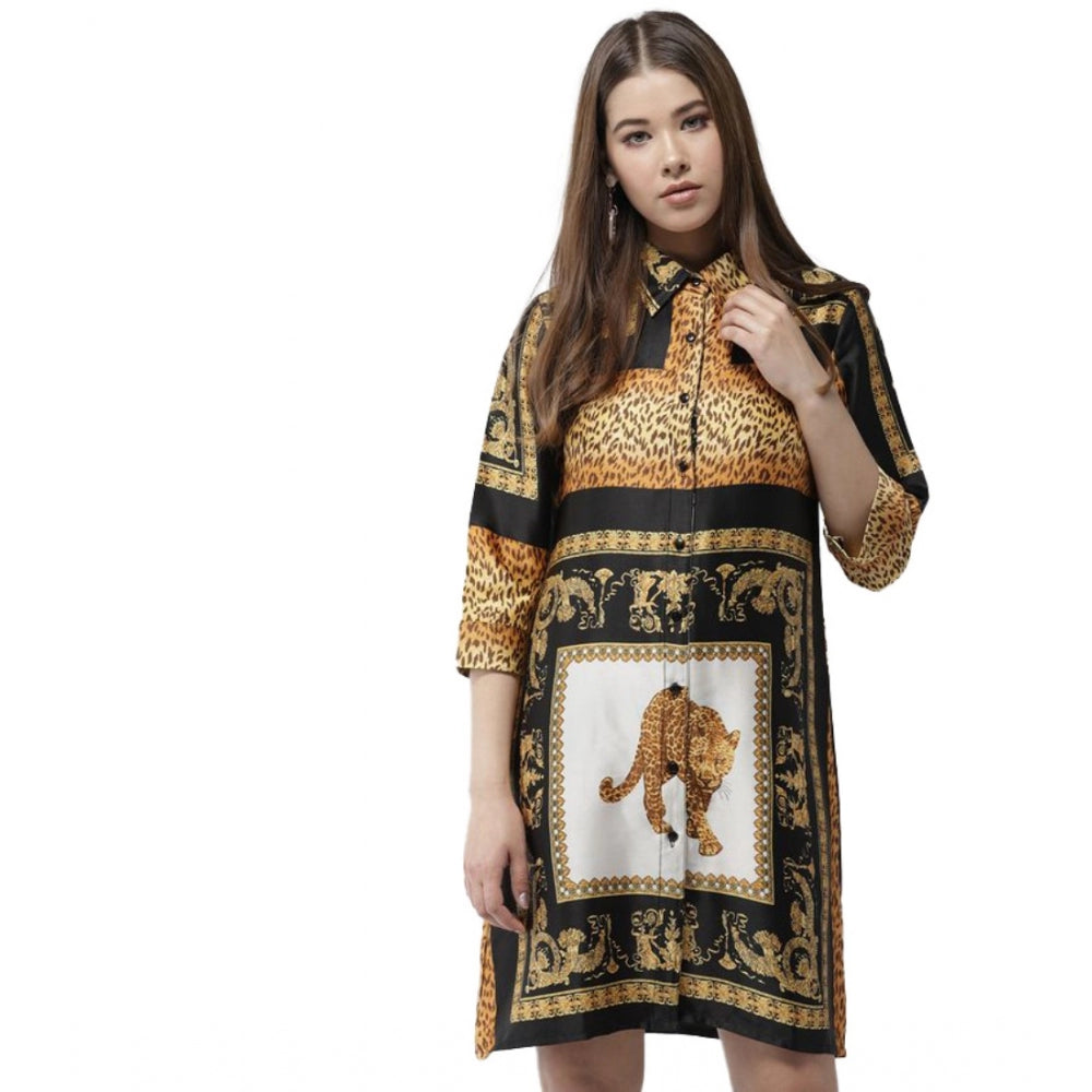 Snuggle Spot Women's Satin Animal Print 3-4th Sleeves Above Knee Dress (White - Orange)