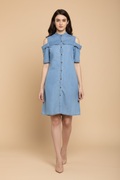 Snuggle Spot Women's Denim Solid Cold Shoulder Above Knee Dress (Blue)