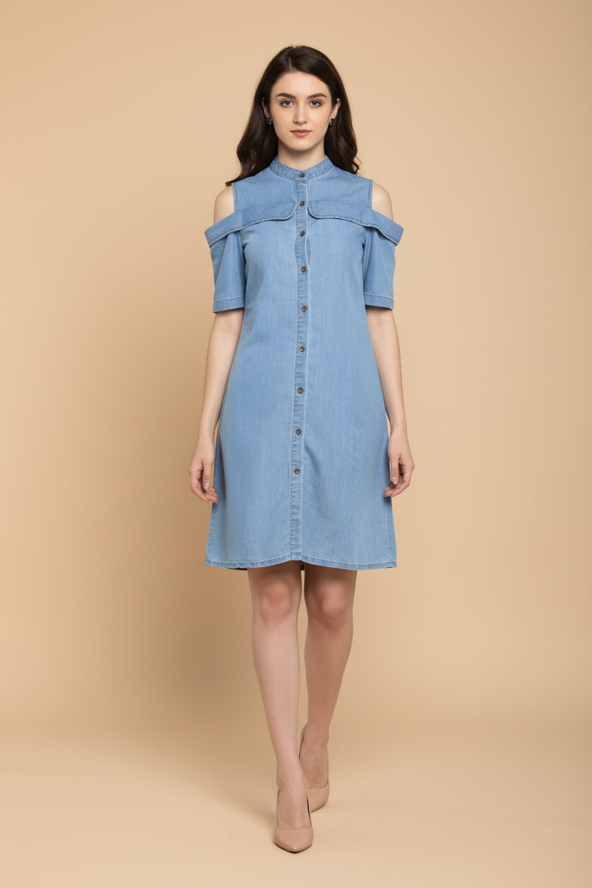 Snuggle Spot Women's Denim Solid Cold Shoulder Above Knee Dress (Blue)