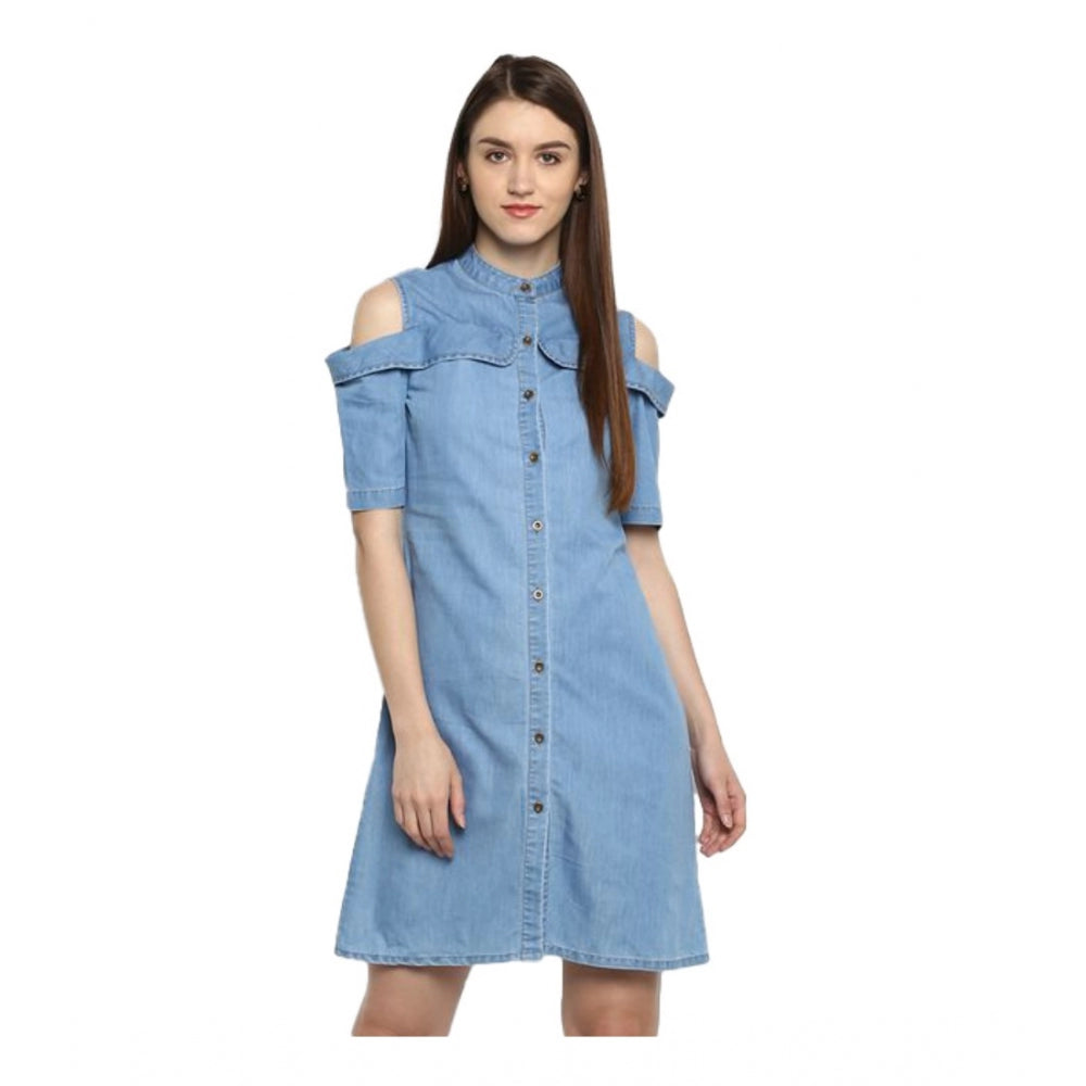 Snuggle Spot Women's Denim Solid Cold Shoulder Above Knee Dress (Blue)