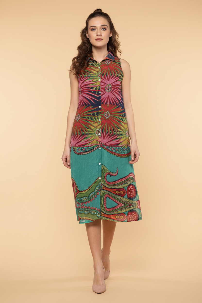 Snuggle Spot Women's Polyester Floral Sleeveless Below Knee Dress (Multicolor)