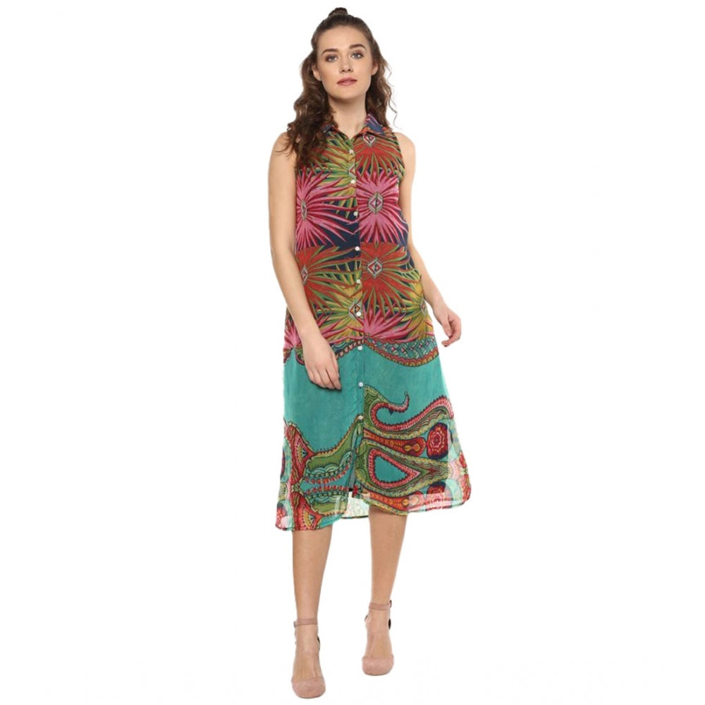 Snuggle Spot Women's Polyester Floral Sleeveless Below Knee Dress (Multicolor)