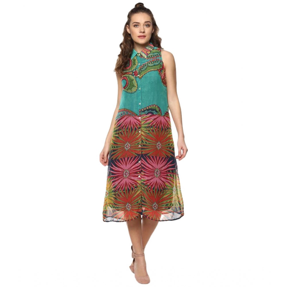 Snuggle Spot Women's Polyester Floral Sleeveless Below Knee Dress (Multicolor)