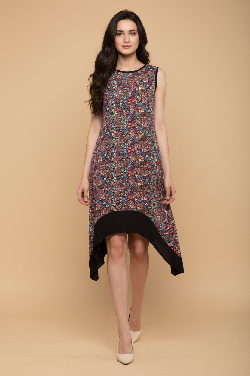 Snuggle Spot Women's Polyester Printed Sleeveless Knee-Length Dress (Multicolor)