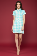 Snuggle Spot Women's Rayon Checkered Short Sleeve Above Knee Dress (SkuBlue - White)