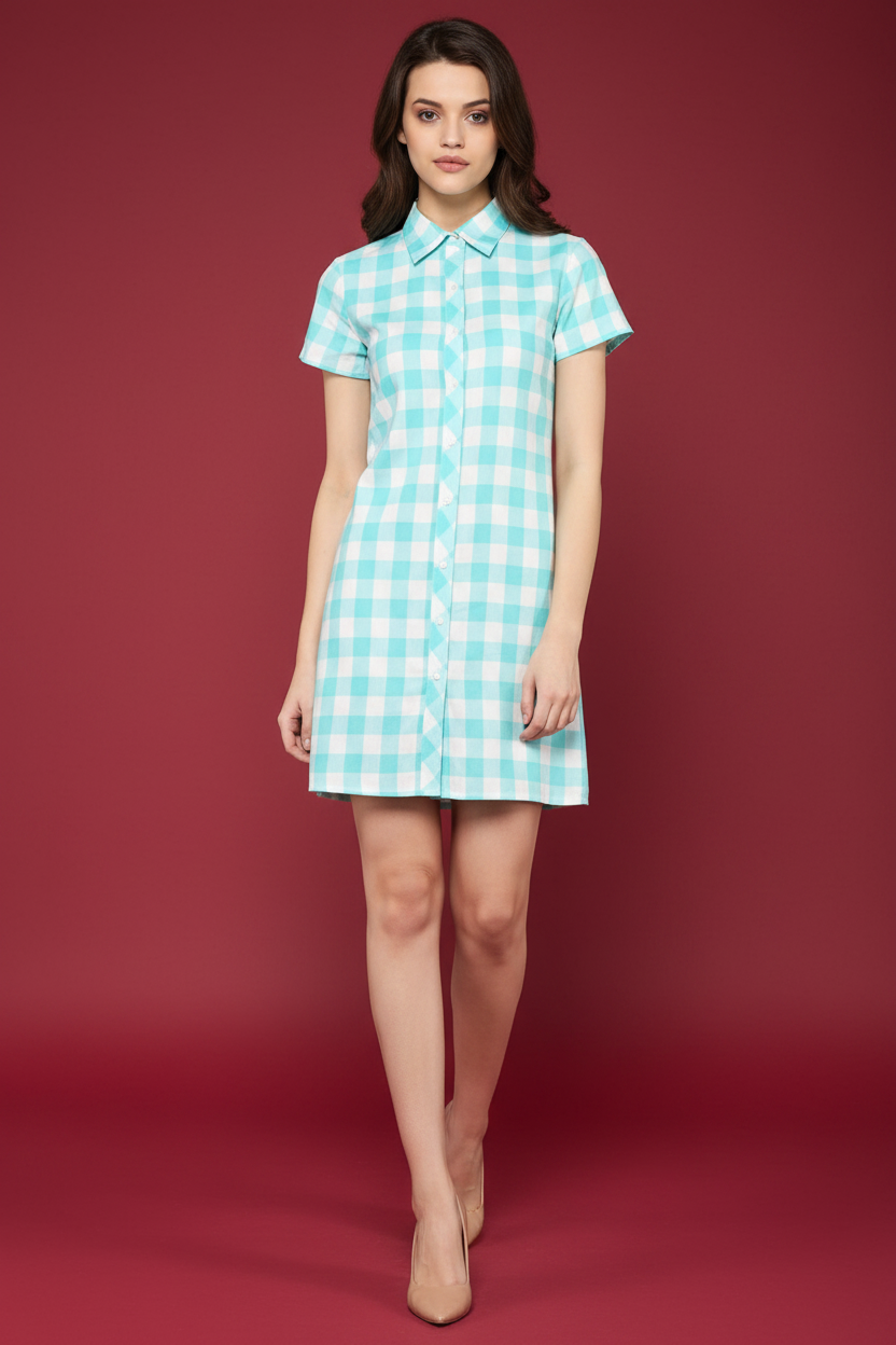 Snuggle Spot Women's Rayon Checkered Short Sleeve Above Knee Dress (SkuBlue - White)