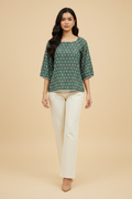 Snuggle Spot Women's Polyester Printed 3-4th Sleeves Top (Green)
