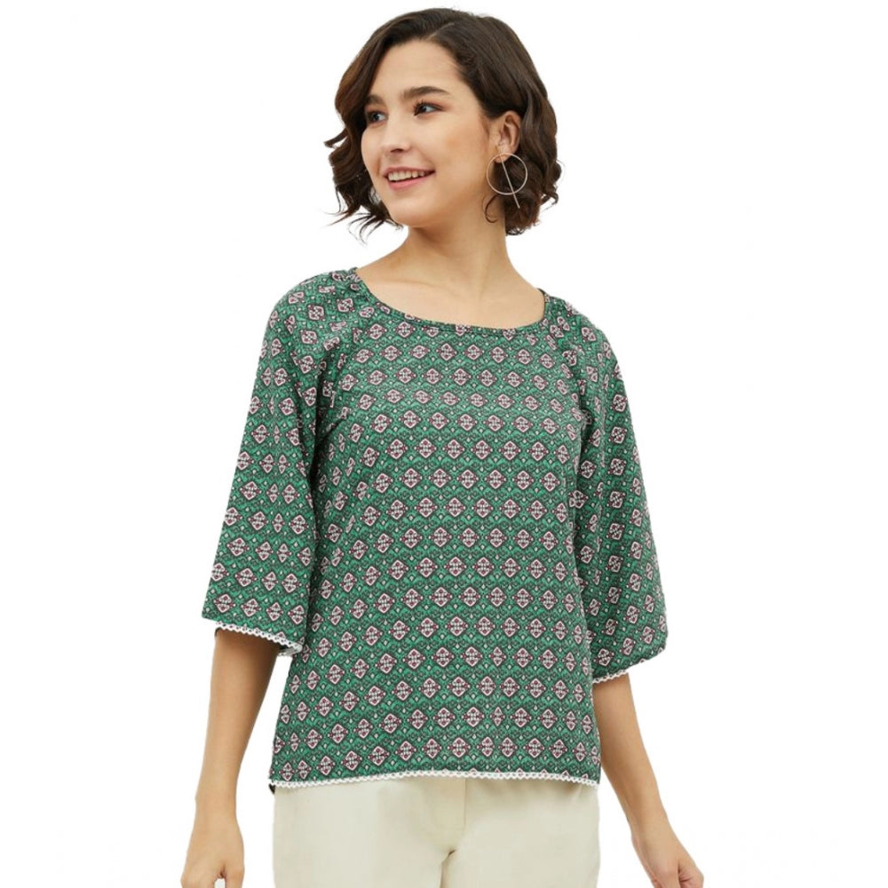 Snuggle Spot Women's Polyester Printed 3-4th Sleeves Top (Green)