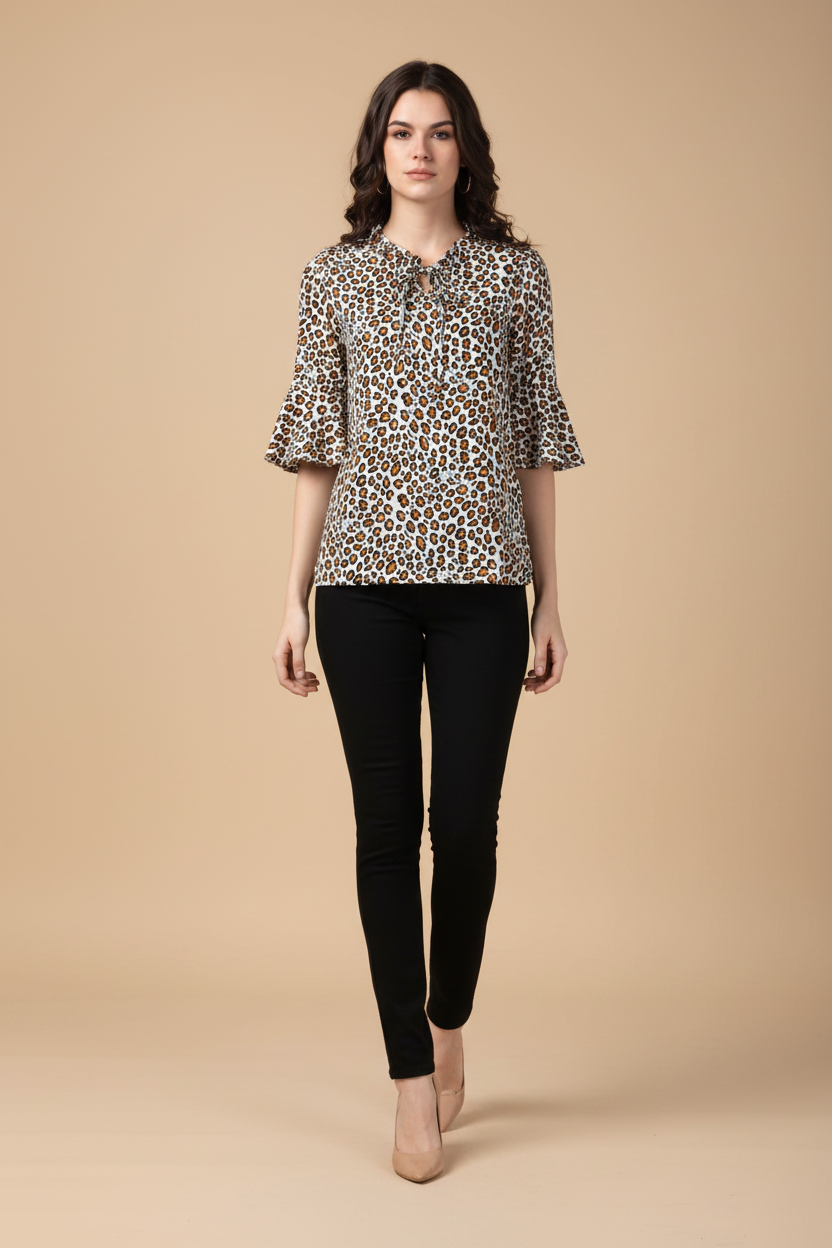 Snuggle Spot Women's Polyester Animal Print Bell Sleeve Top (Orange - Black)