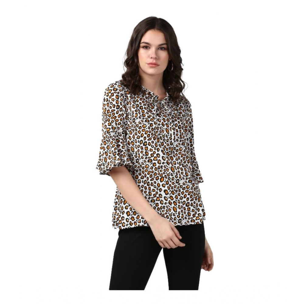 Snuggle Spot Women's Polyester Animal Print Bell Sleeve Top (Orange - Black)