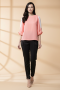 Snuggle Spot Women's Polyester Colour Block Slit Sleeve Top (Pink)
