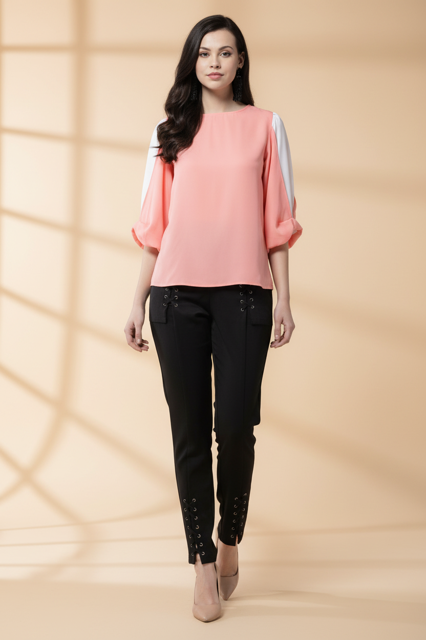 Snuggle Spot Women's Polyester Colour Block Slit Sleeve Top (Pink)