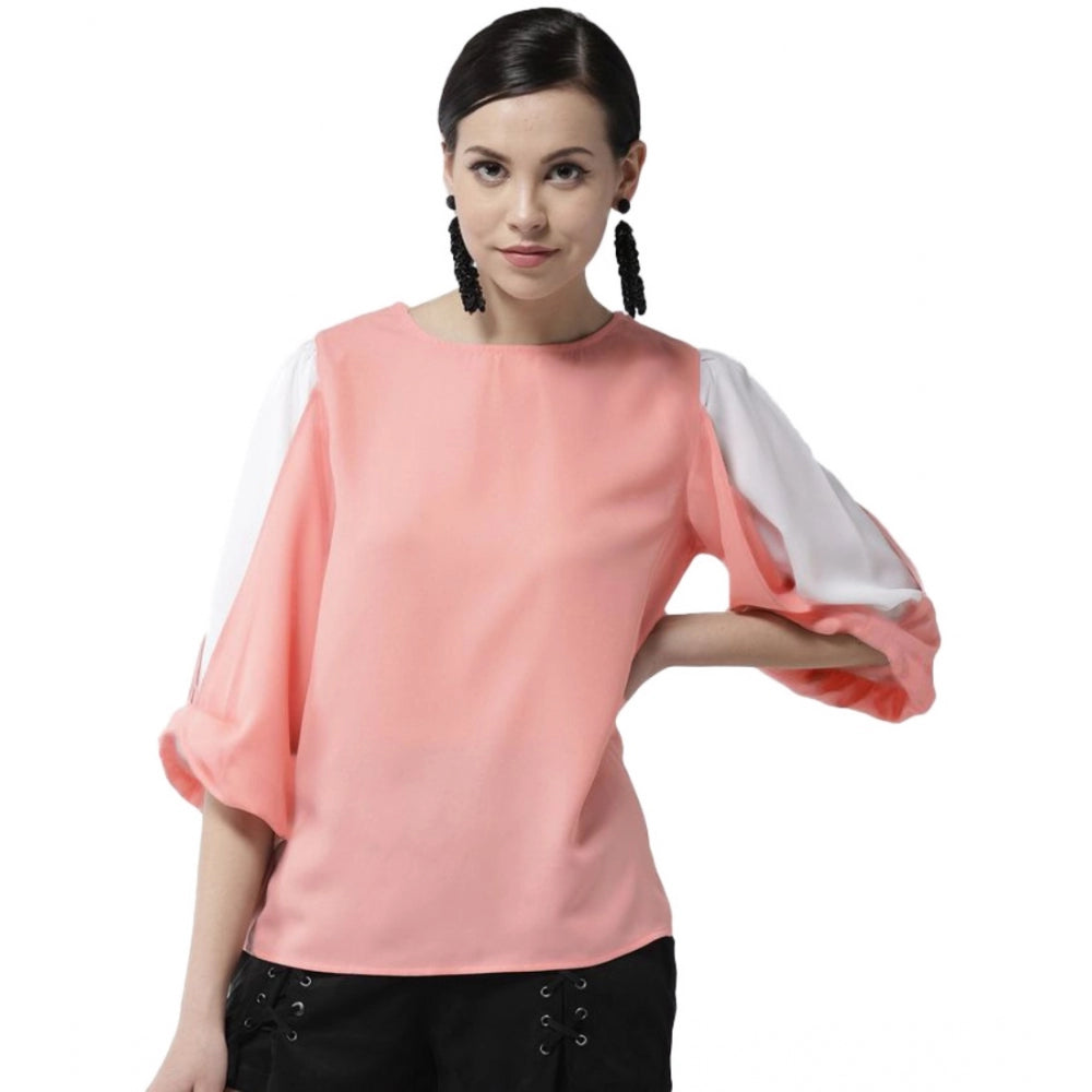 Snuggle Spot Women's Polyester Colour Block Slit Sleeve Top (Pink)
