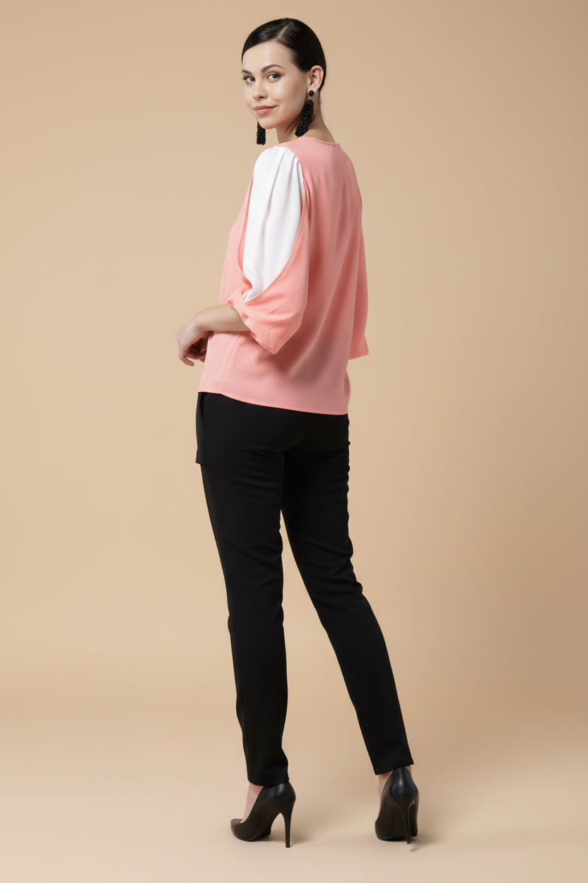 Snuggle Spot Women's Polyester Colour Block Slit Sleeve Top (Pink)