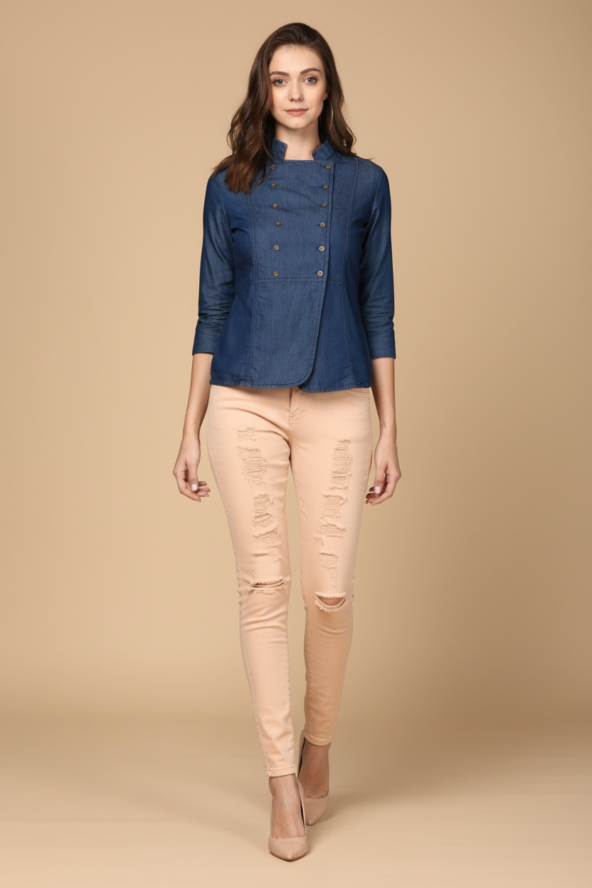 Snuggle Spot Women's Denim Solid 3-4th Sleeves Top (Blue)