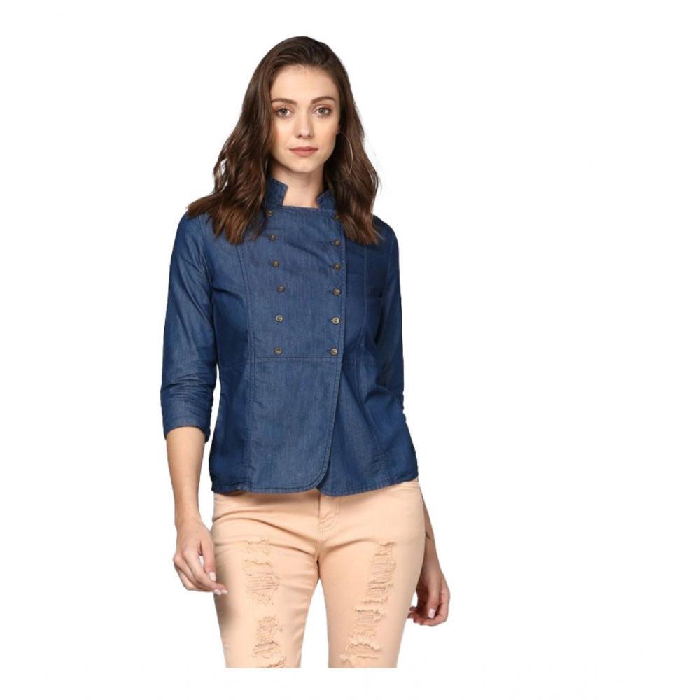 Snuggle Spot Women's Denim Solid 3-4th Sleeves Top (Blue)