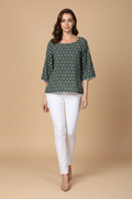 Snuggle Spot Women's Polyester Printed 3-4th Sleeves Top (Green)