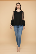 Snuggle Spot Women's Polyester Solid Tier Sleeve Top (Black)