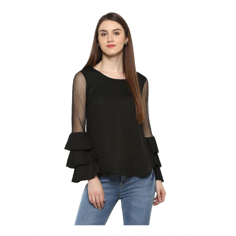 Snuggle Spot Women's Polyester Solid Tier Sleeve Top (Black)