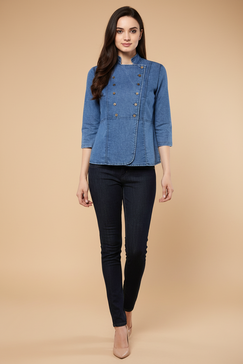 Snuggle Spot Women's Denim Solid 3-4th Sleeves Regular Top (Blue)